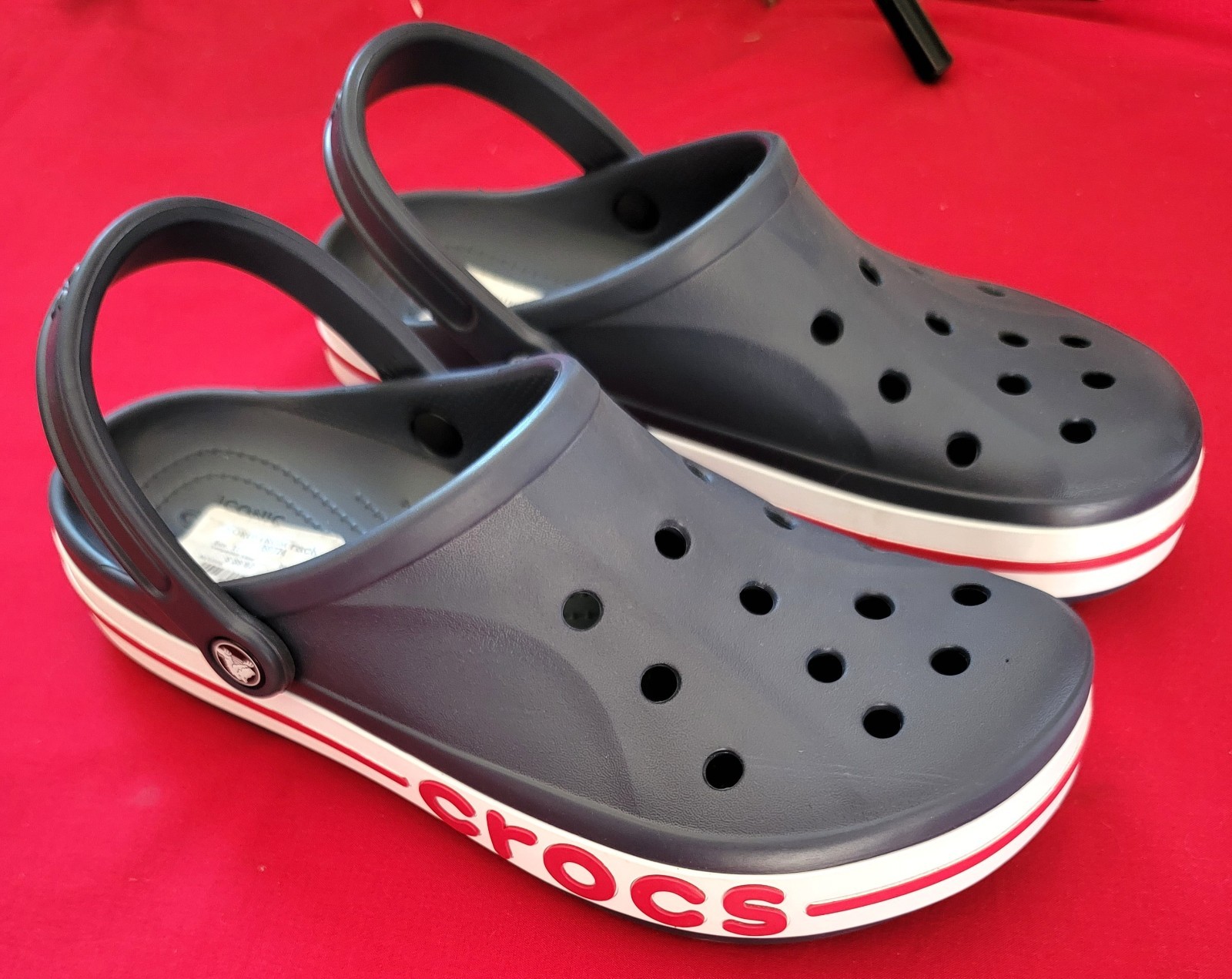 NEW Crocs Bayaband Navy Blue Red Pepper White Mules Clogs Mens-11 Womens-12.5