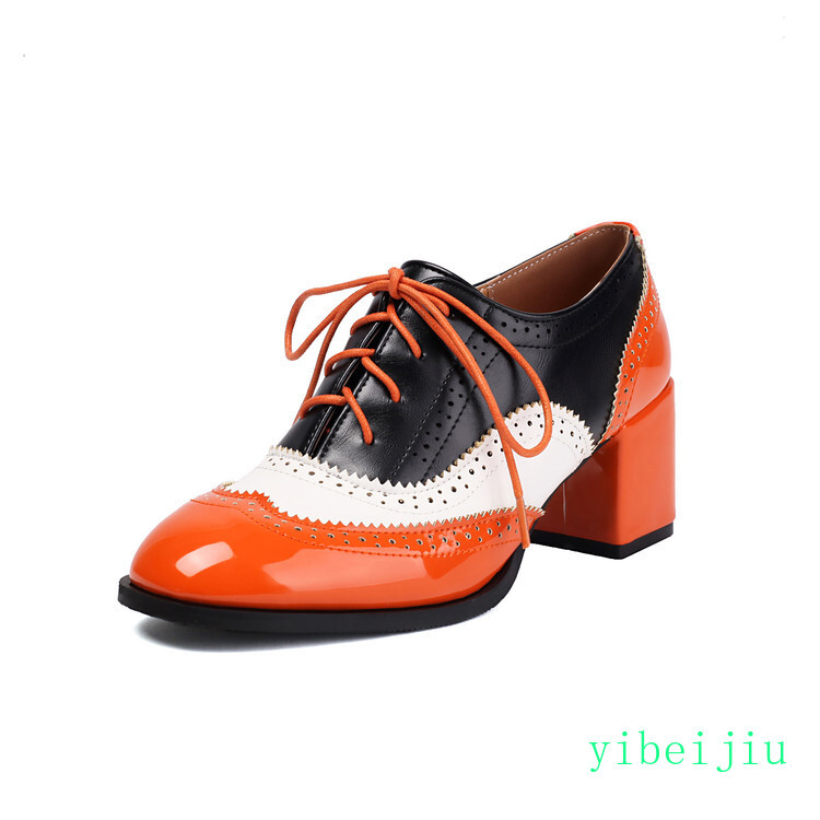 Womenn’s Colorblocks Splicing Patchwork Mid Chunky Heel Wing Tip Shoes Oversize