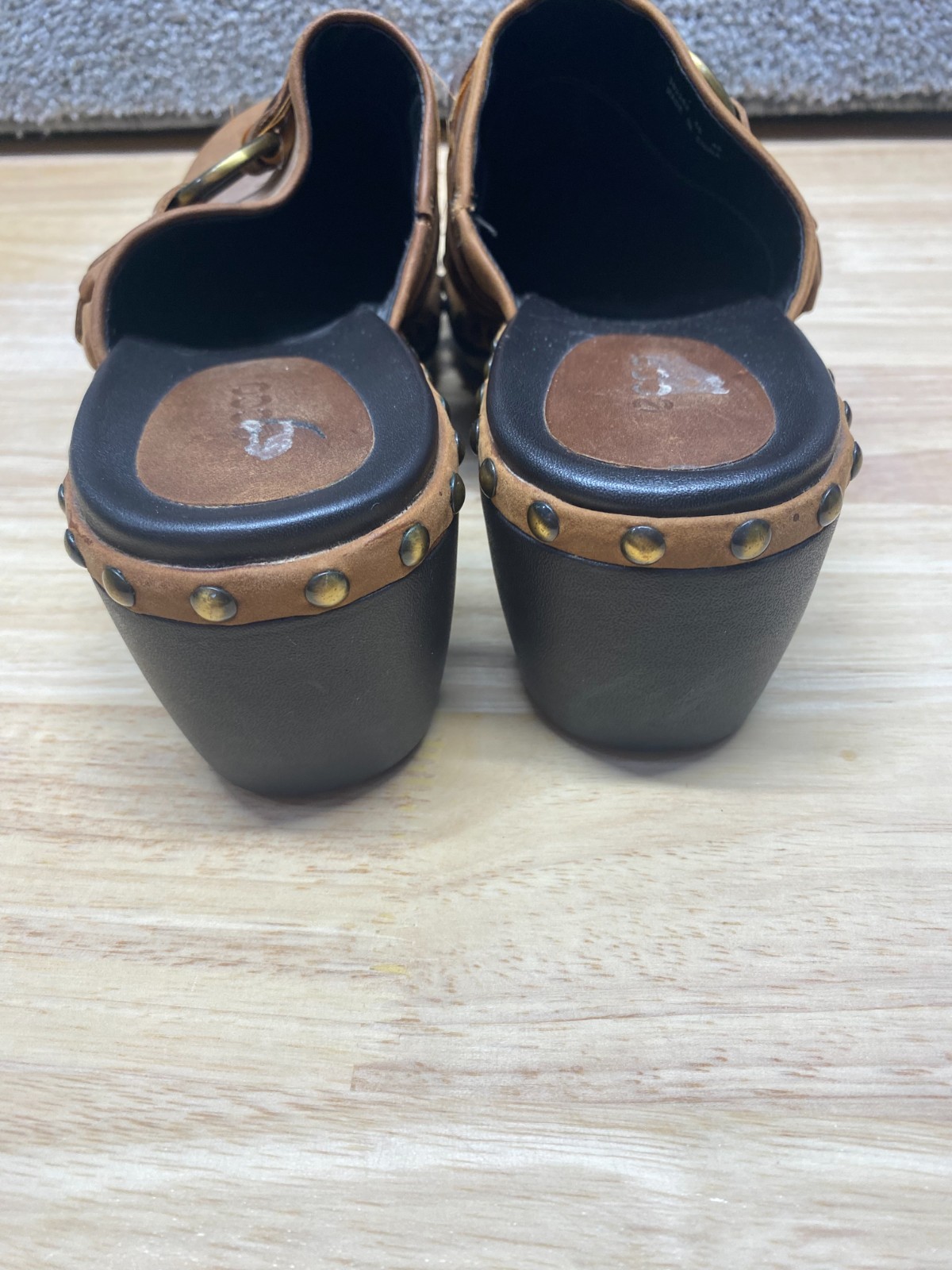 Ecco Leather Studded Slip On Size 9.5 EU 40 Mules Clogs Chunky Strap Boho Brown