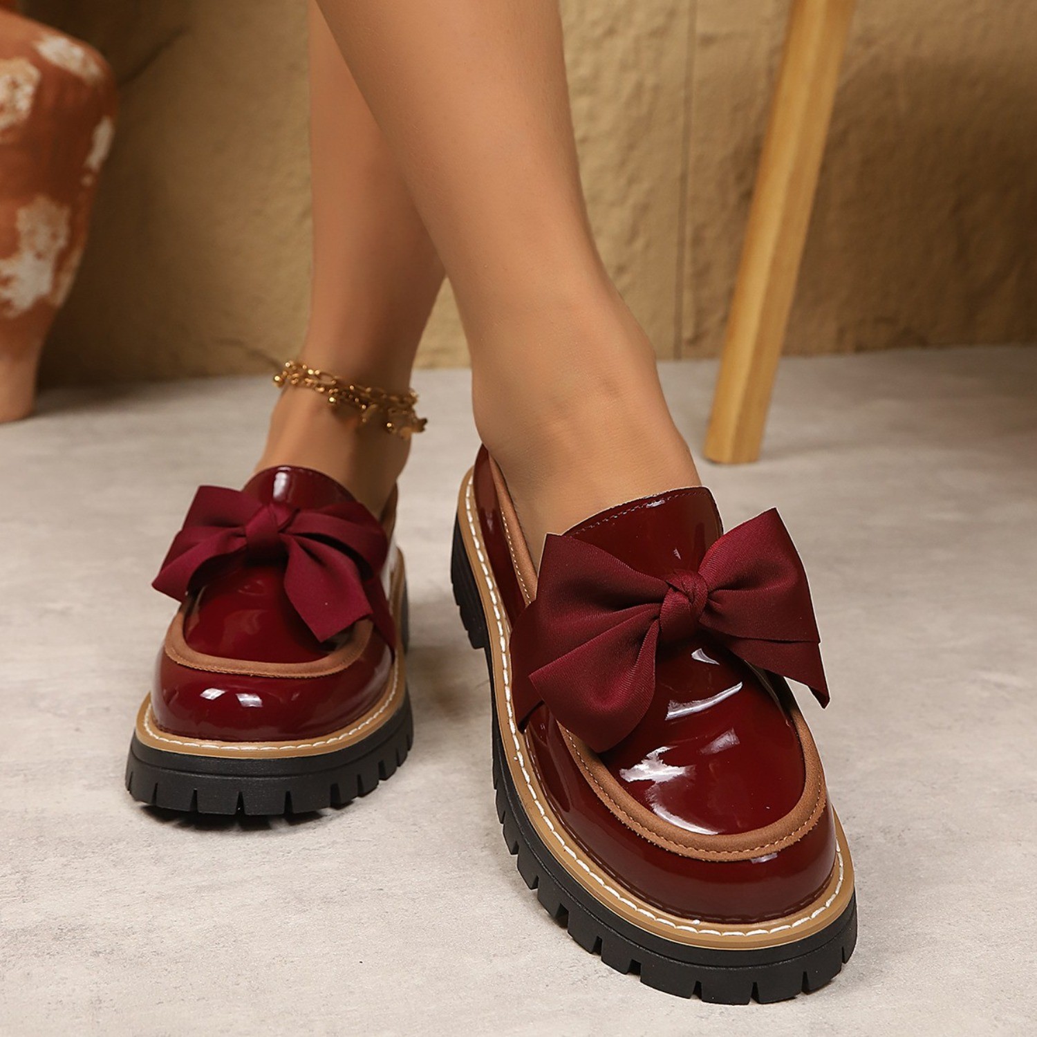 Women Patent Leather Loafers, Round Toe Bow Chunky Heel Platform Shoes