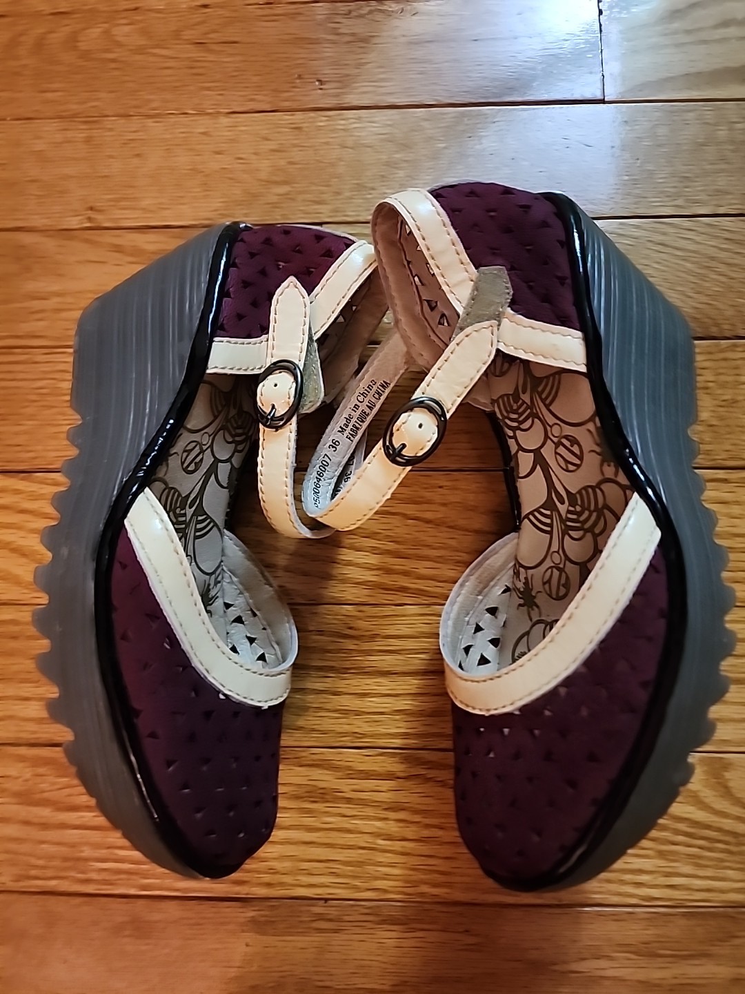 Fly London Burgundy With Cream Trim Mary Jane Wedge Shoes Sz 6 GUC