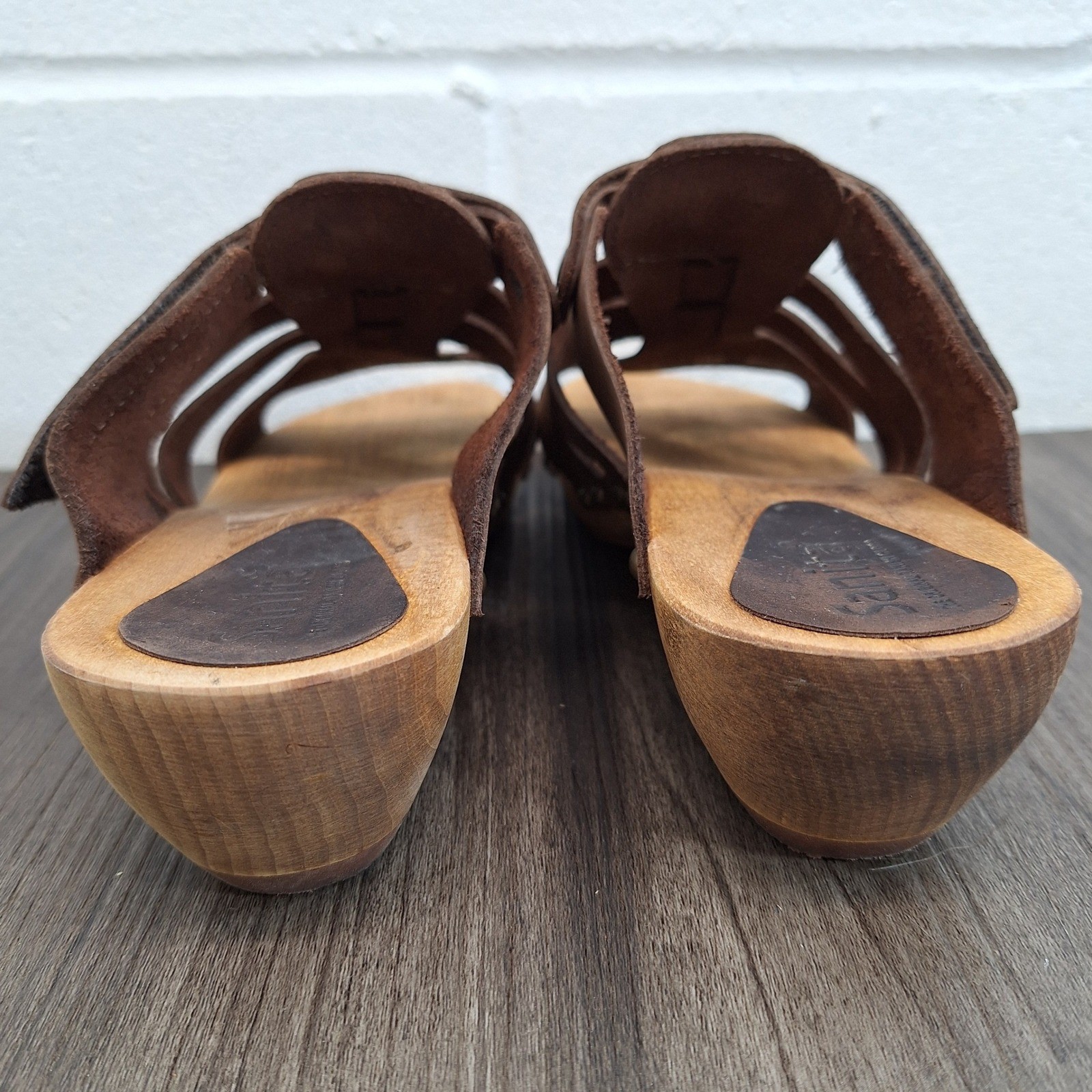 Sanita Brown Leather Wood Platform Clog Sandals Women’s 7.5 Strappy Danish Clogs