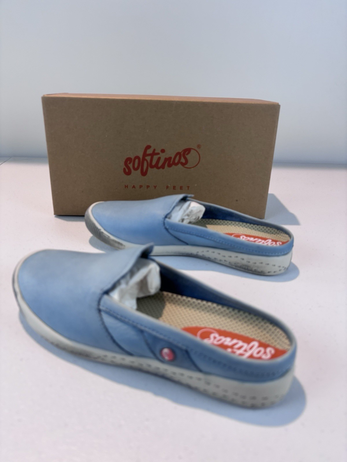 Softinos by FLY London IMO Washed Leather Mules Pastel Blue EU 36 NIB