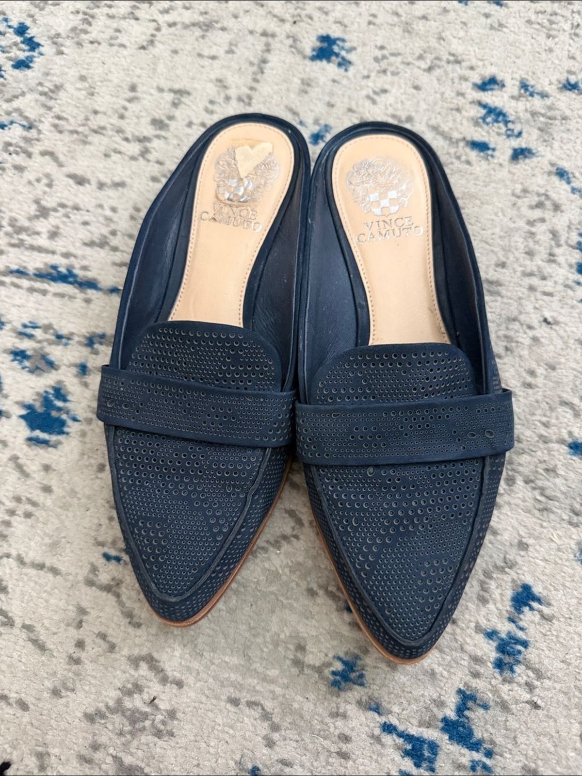 Vince Camuto Navy Perforated Pointed-Toe Mules