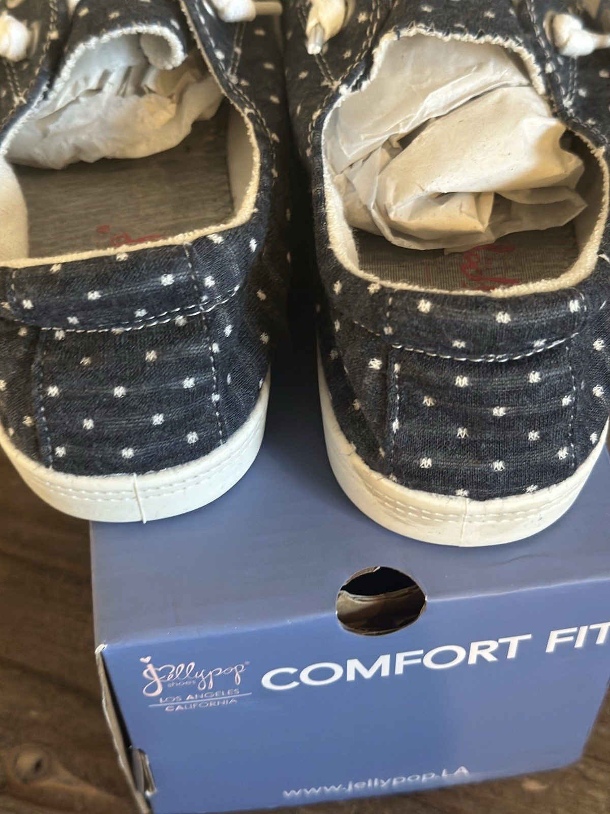Jellypop Women’s Dallas Sneakers Navy White Polka Dot canvas shoes Size 7.5 M