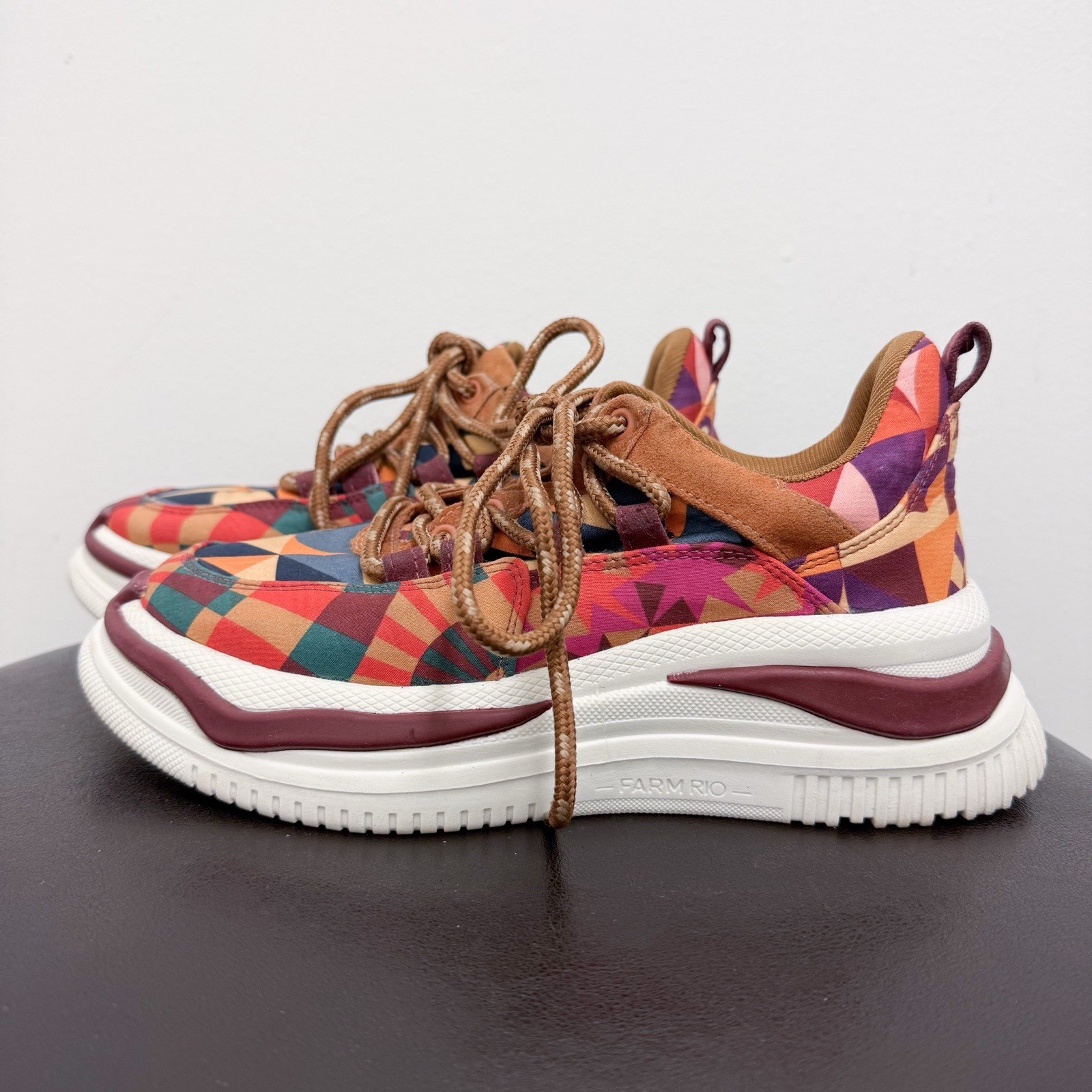 Farm Rio Graphics Scarves Platform Geometric Lace Up Sneakers 6.5 Brown Purple