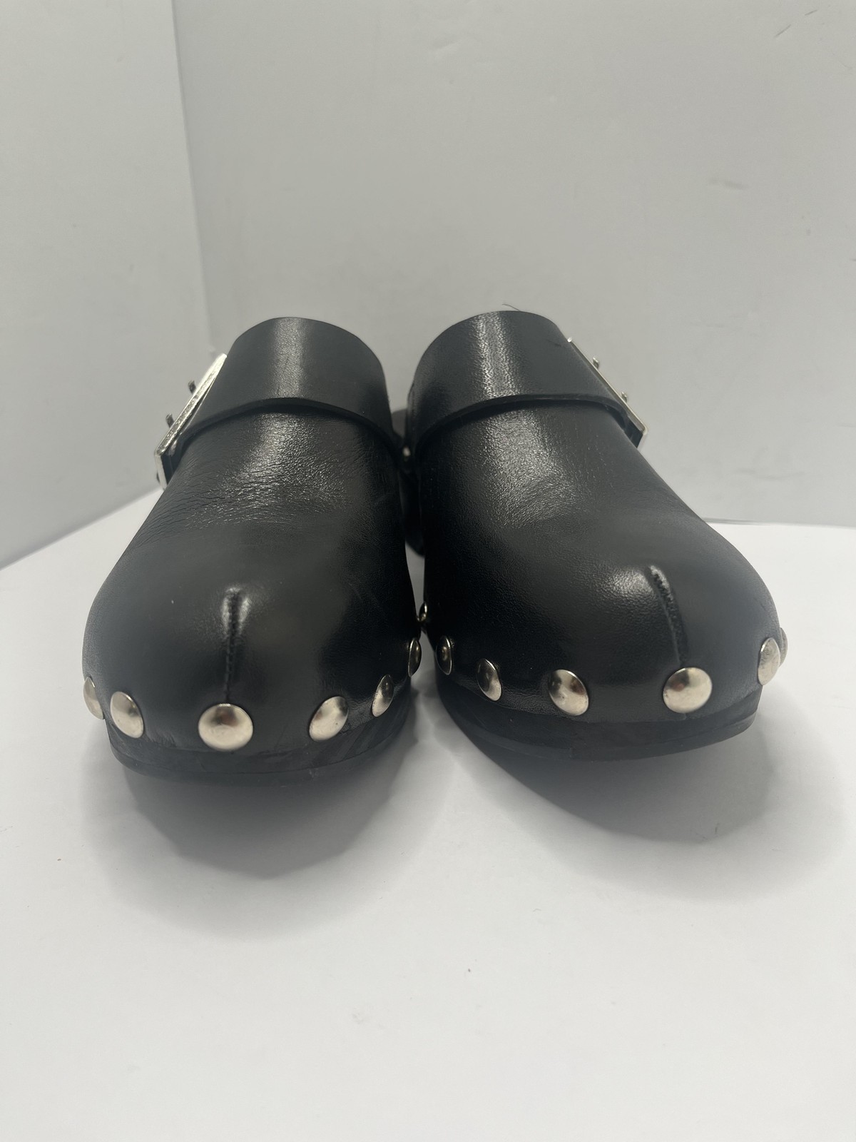 Clog Shoes Womens Size 7 Black Leather Studded Platform Buckle Slip On