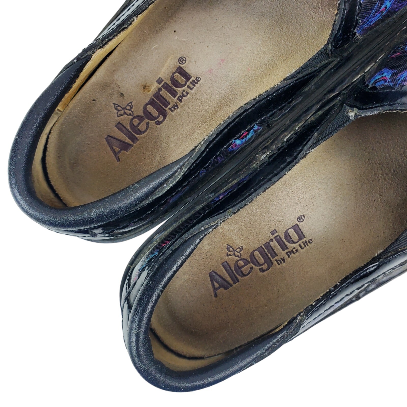ALEGRIA Shoes Womens 38 US 7 Black Peacock Animal Print Nursing Clogs DEB-365