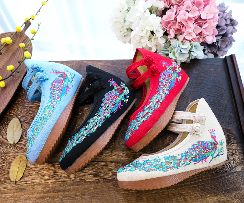 Fashion Women’s Peacock Blue Embroidered Cloth Shoes Hidden Heel Shoes Retro Sz