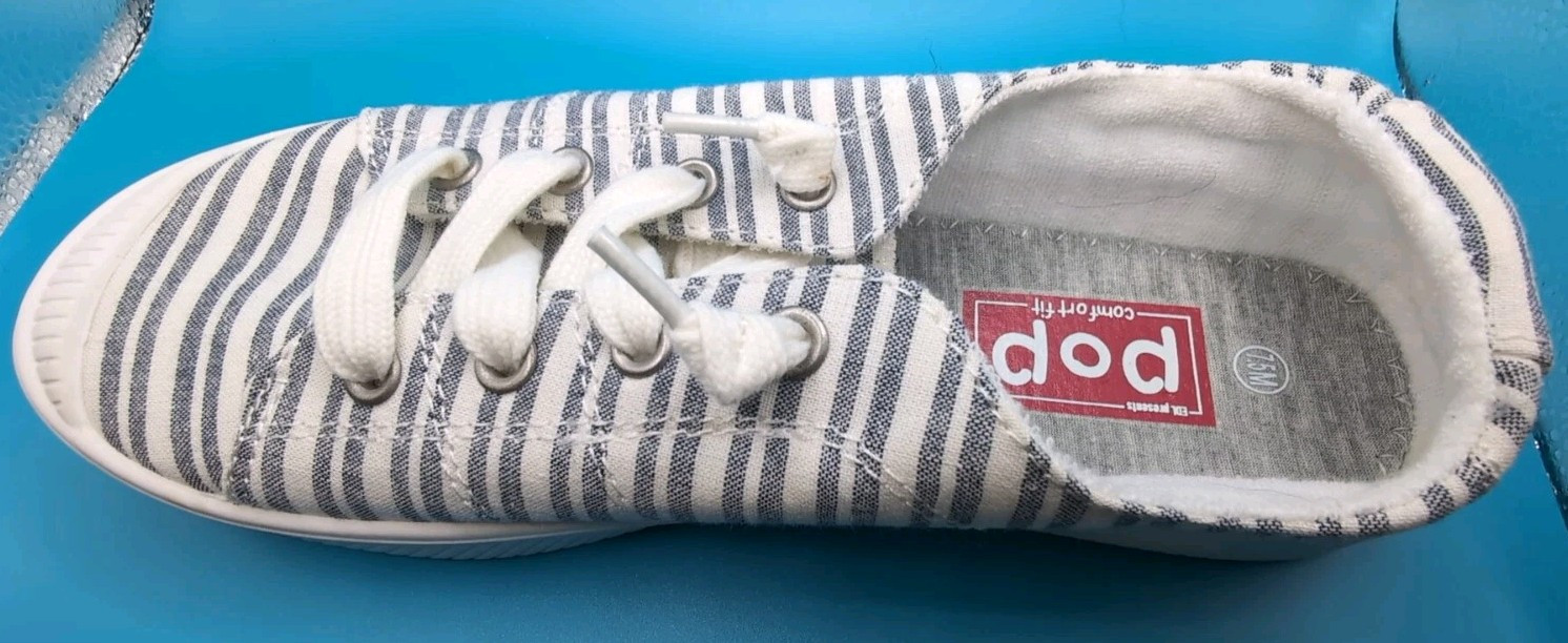 POP Comfort Fit Womens ‘Calm’ Size 7.5M Grey Striped Textile Cloth Sneakers