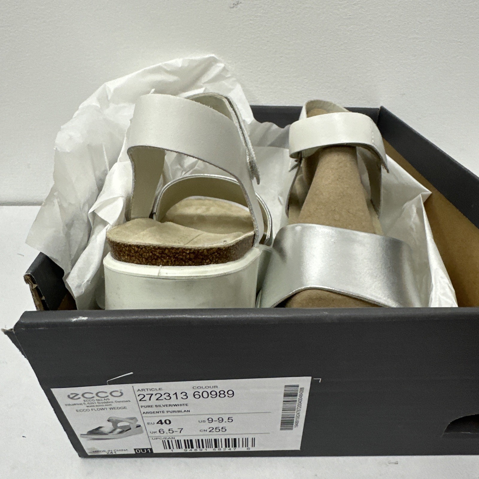 ECCO 272313 – Flowt Wedge Cork Sandals – Silver / White 60989 – Size 9-9.5