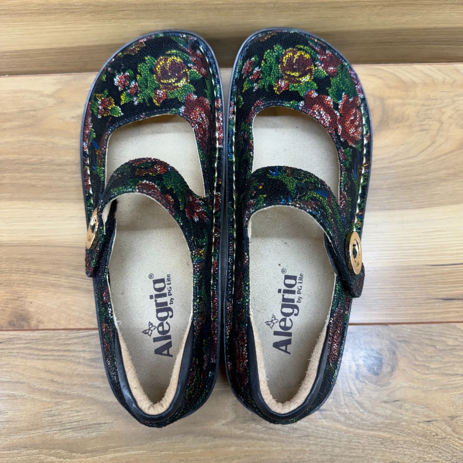 Alegria Paloma Mary Jane Womens 7 Wide EU 37 Rose Floral Button Comfort Walking