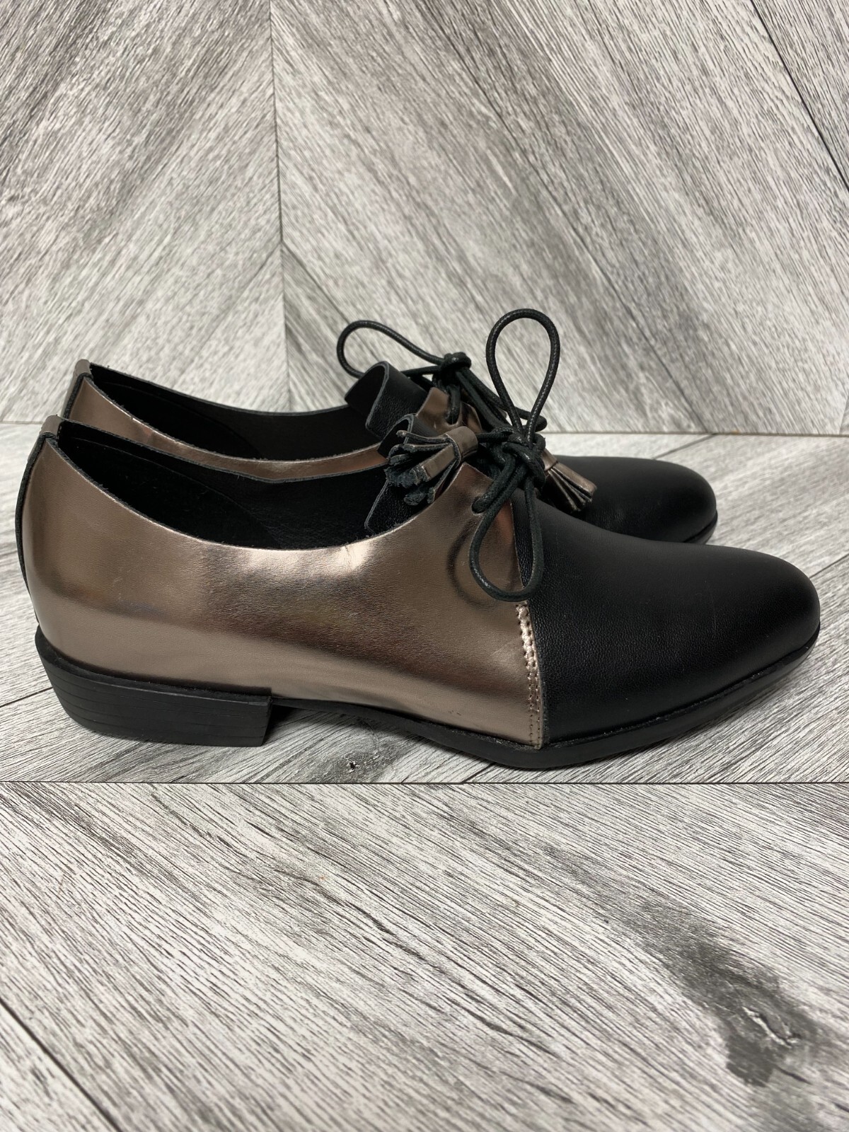 All Black Womens Black Silver Leather Colorblock Tassel Oxford Slip-On Shoes 36