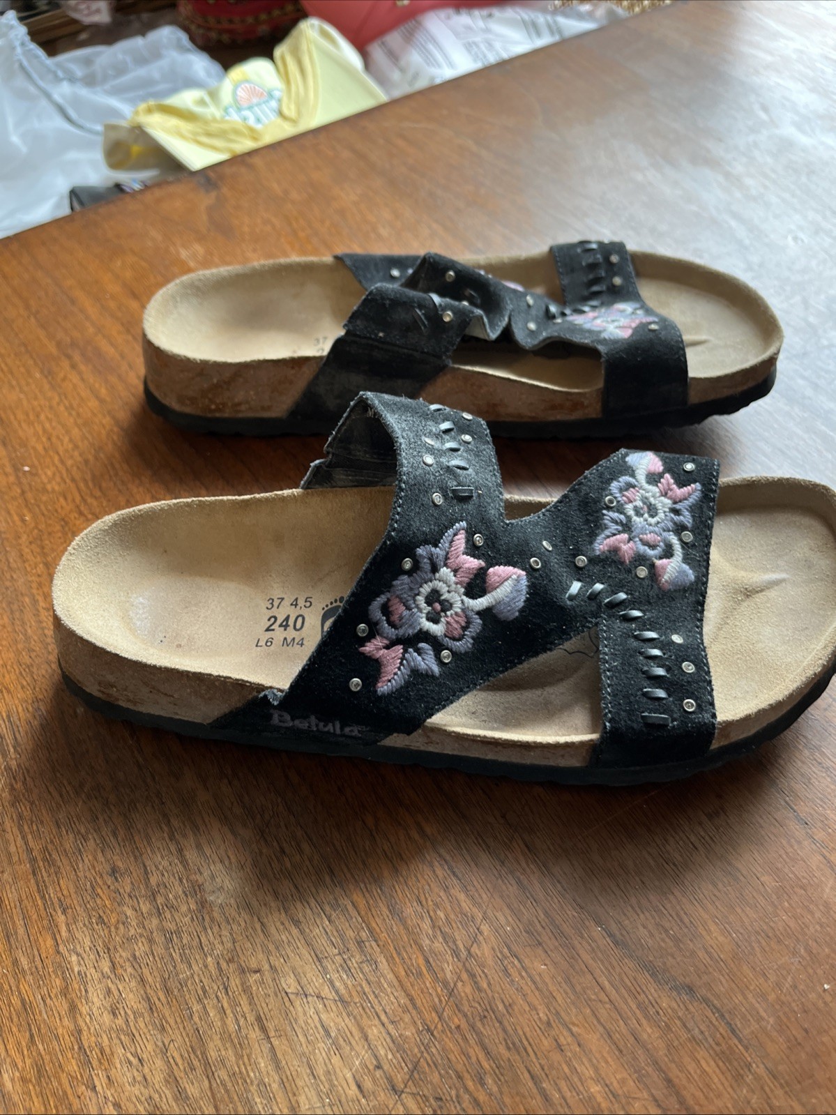 Birkenstock Betula Zara Embroidered Sandals Black Crystal Suede Women Size 7(37)