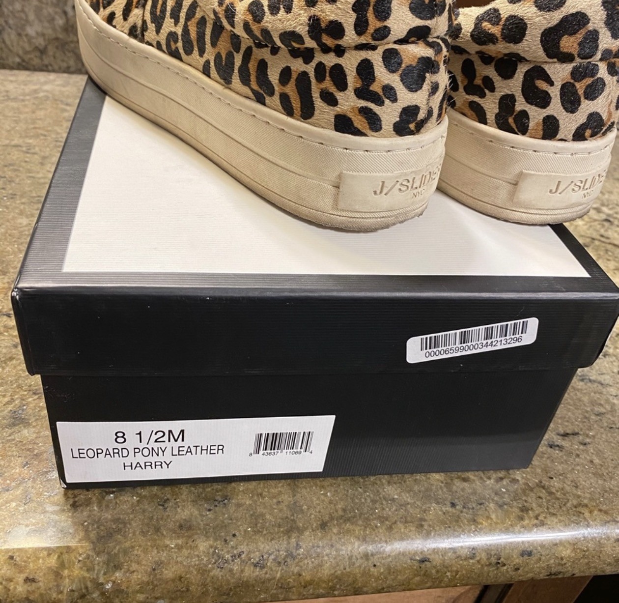 J/Slides NYC Harry Leopard Pony Hair Leather Slip On Sneakers Womens 8.5