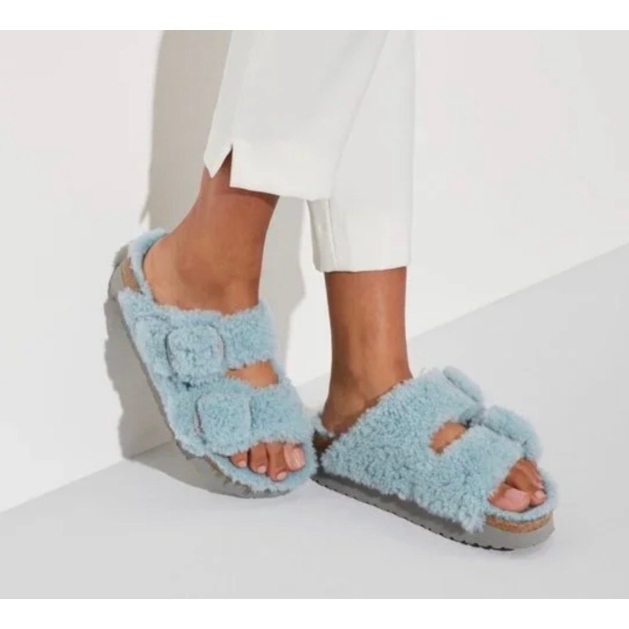 New Papillio Birkenstock Arizona Big Buckle Shearling Platform Sandal Blue 42