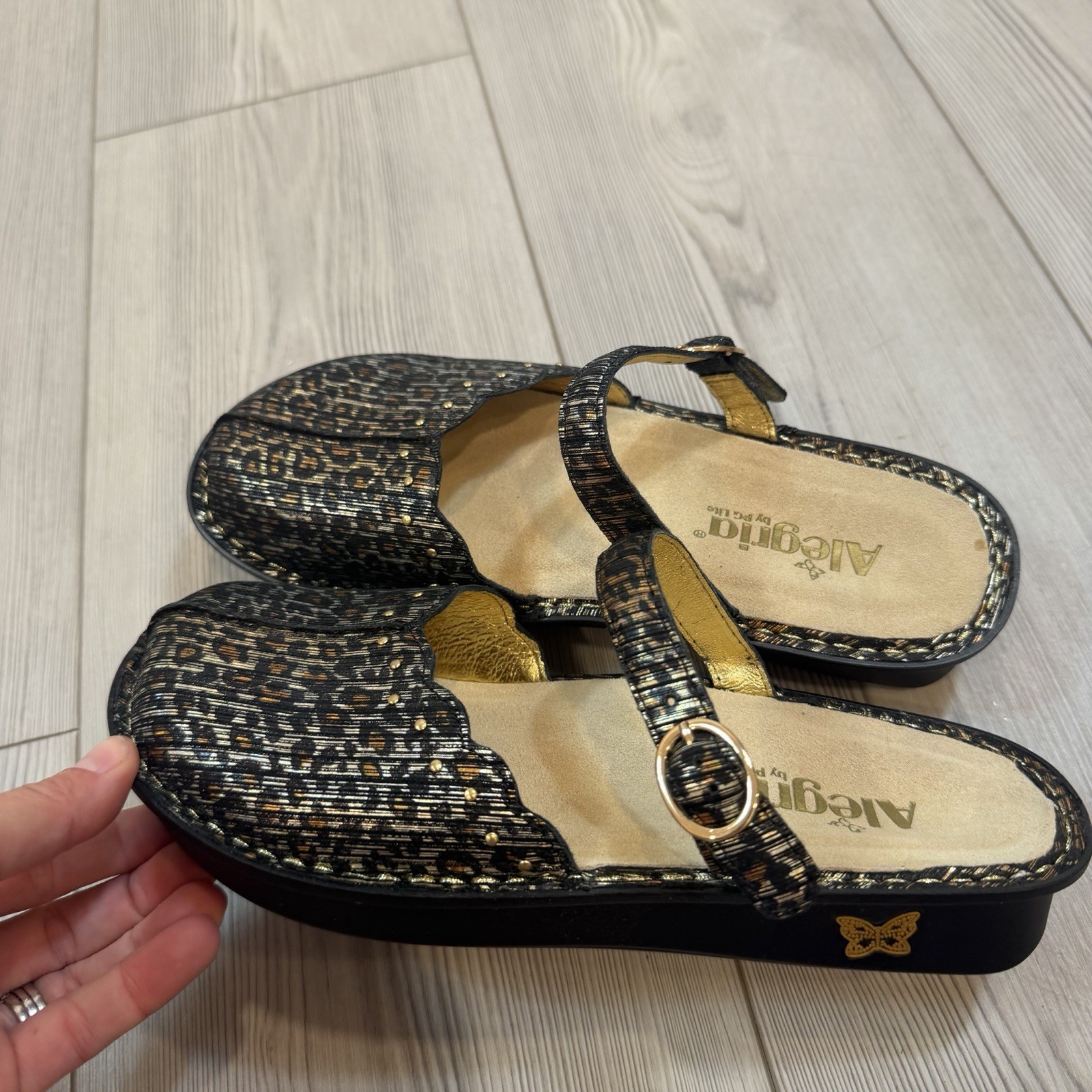 Alegria Tuscany Leopard Stripe Metallic Leather Clogs Mules TUS-403 38 8 8.5