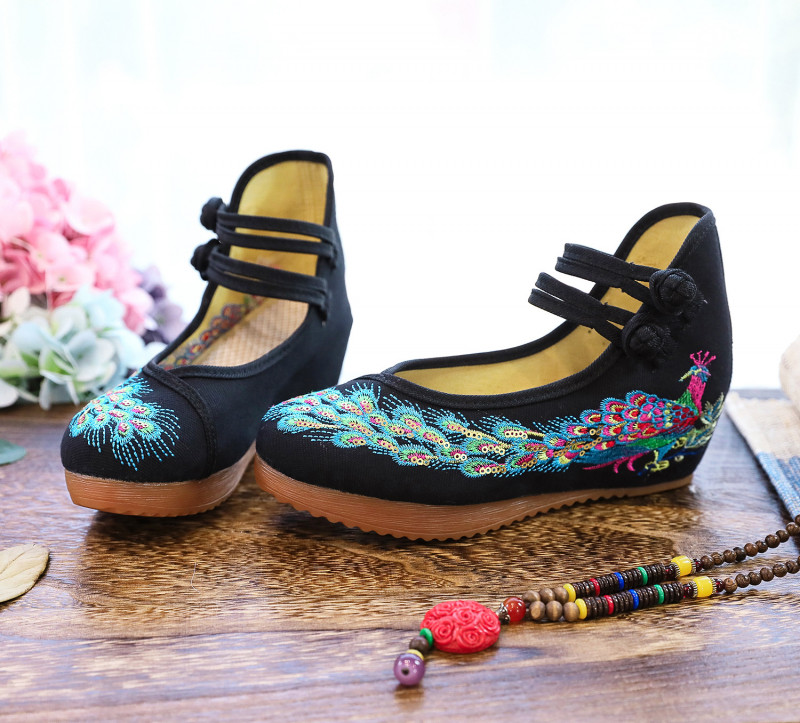 Fashion Women’s Peacock Blue Embroidered Cloth Shoes Hidden Heel Shoes Retro Sz