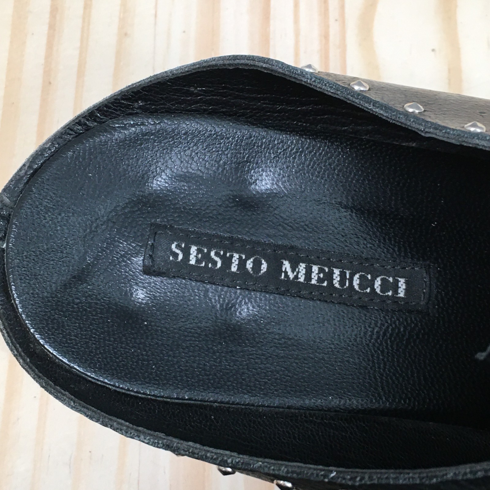 Sesto Meucci Mules Womens 40 Black Almond Toe Laced Up Block Casual Leather