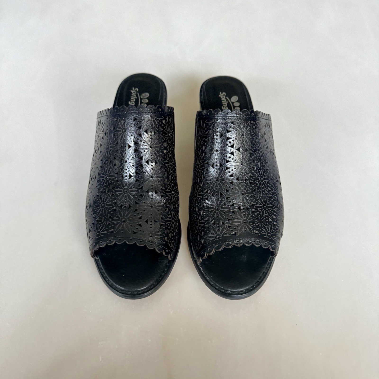 Spring Step Lea Black Leather Mule Laser Cut Open Toe Slip On EU Sz 40 | US Sz 9