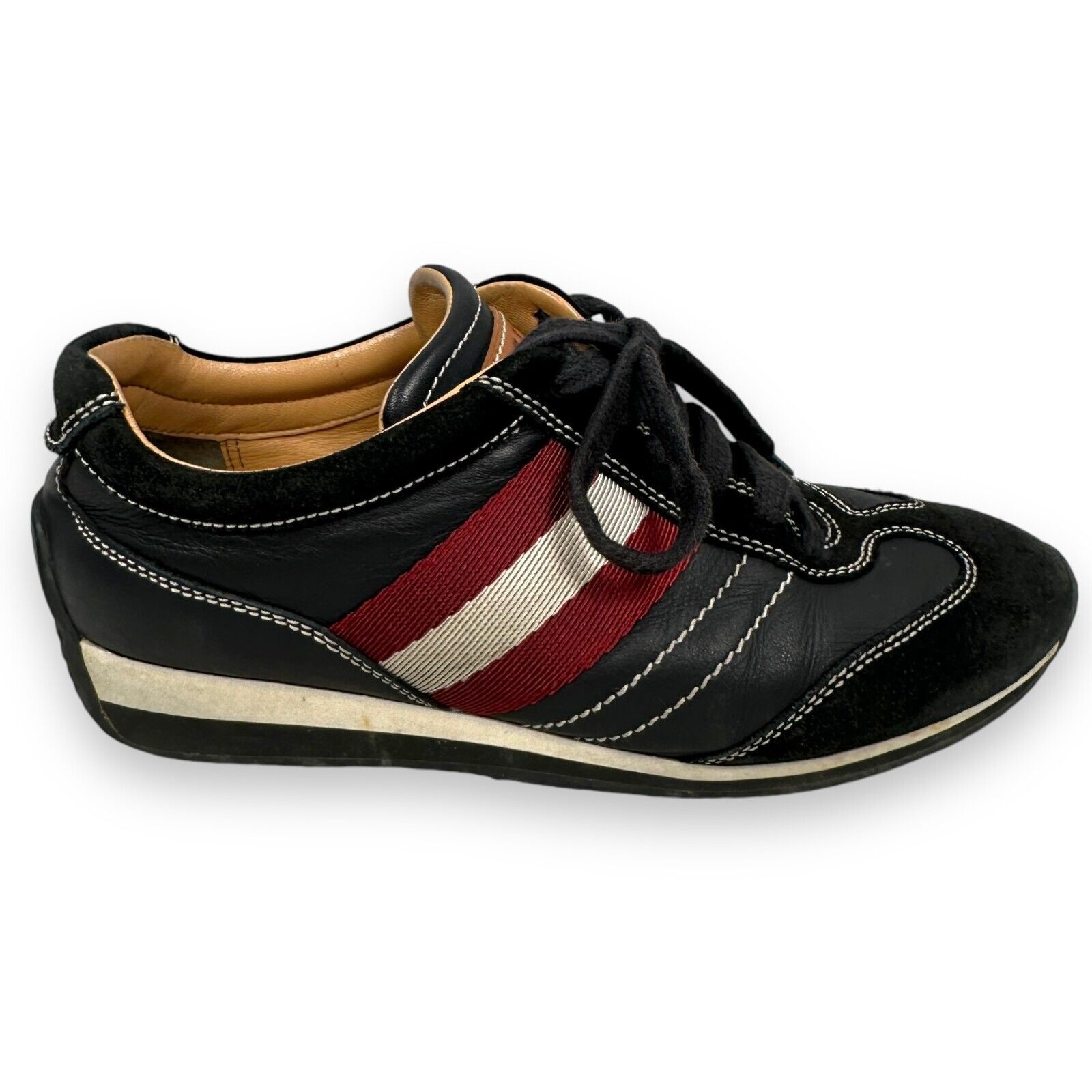 Bally Alexane Low Top Sneaker Women’s US 6 M Black Red Stripe Shoes 36.5 E Lace