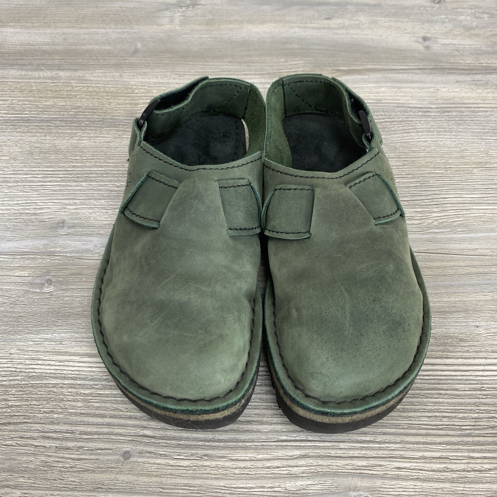 Conker Elastic Mule Women US 7 Moss Green Leather Slide Shoe Handmade Vibram