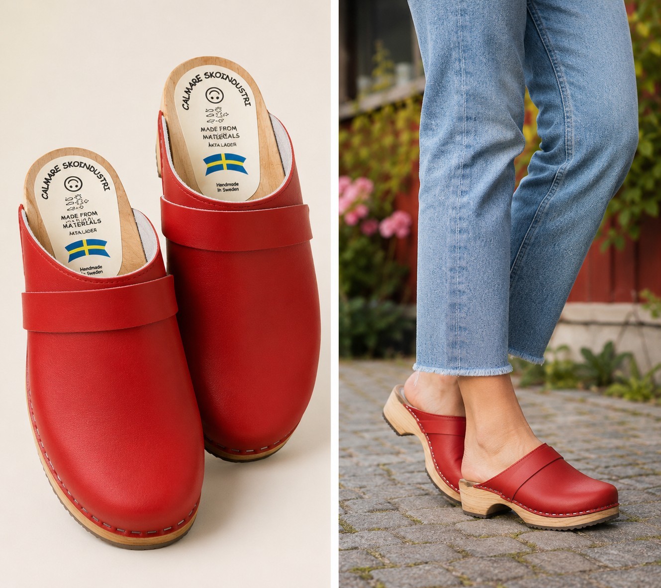 Calmare Original Swedish Red Wooden Clogs – Handmade in Sweden – Genuine Leather