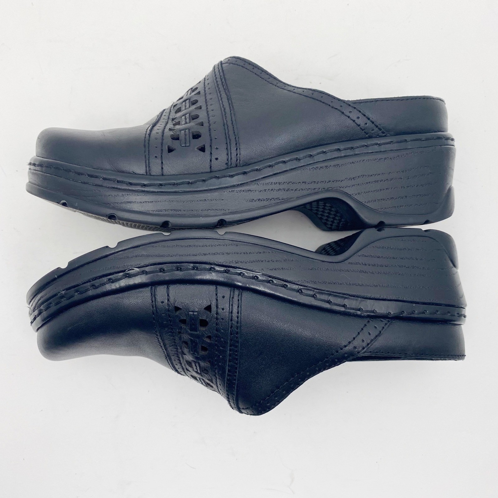 Klogs Syracuse Laser Cut Leather Platform Wedge Clog Womens 7.5M Black