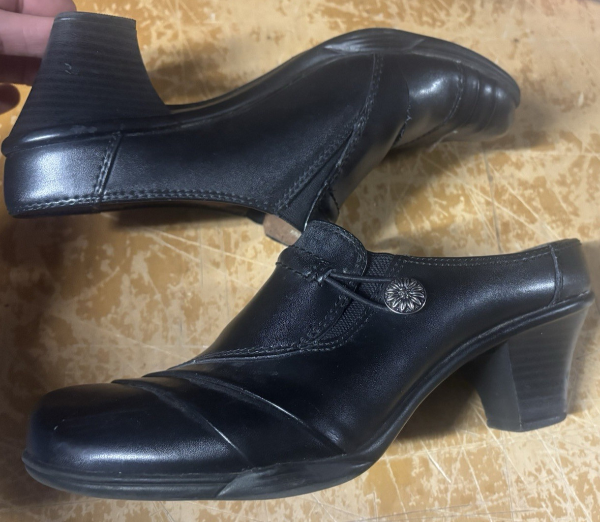 Earth Spirit Elaine Black Leather Classic Clogs Shoe Womens 7.5 Mule Witch Heels