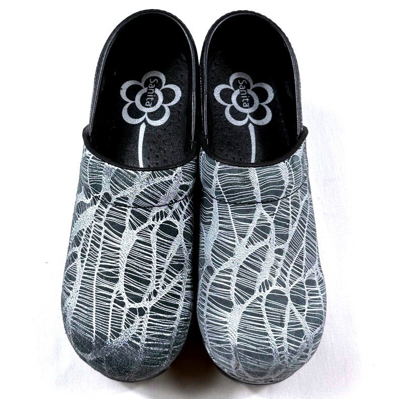Sanita Professional Clogs Womens 38 Grey White Web Pattern Leather Nursing Shoes