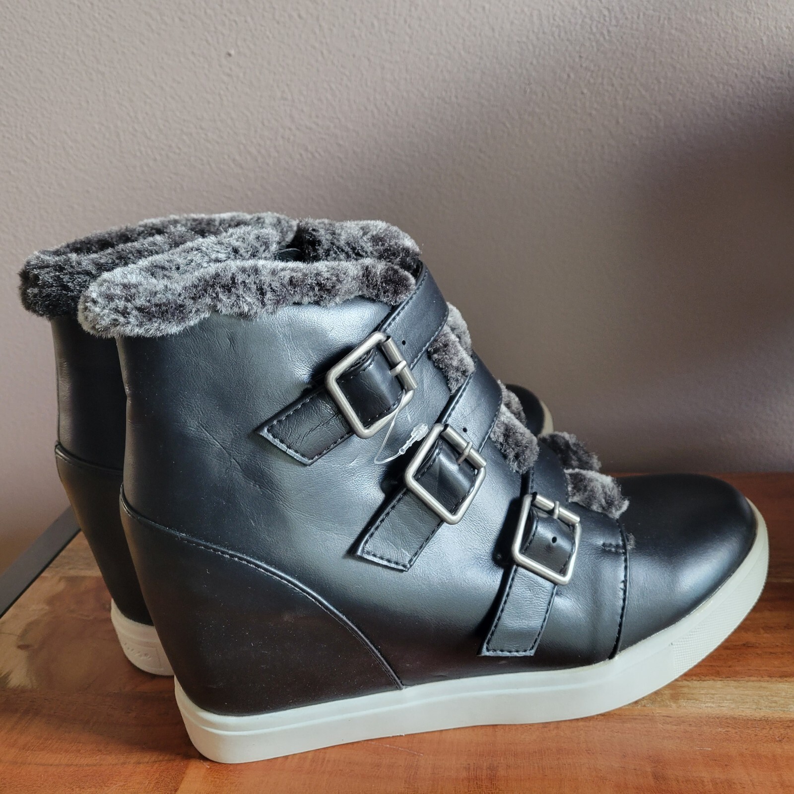 Brand New No Box Coconuts by Matisse Black Buckle Sneaker -Fuzzy Women Size 8