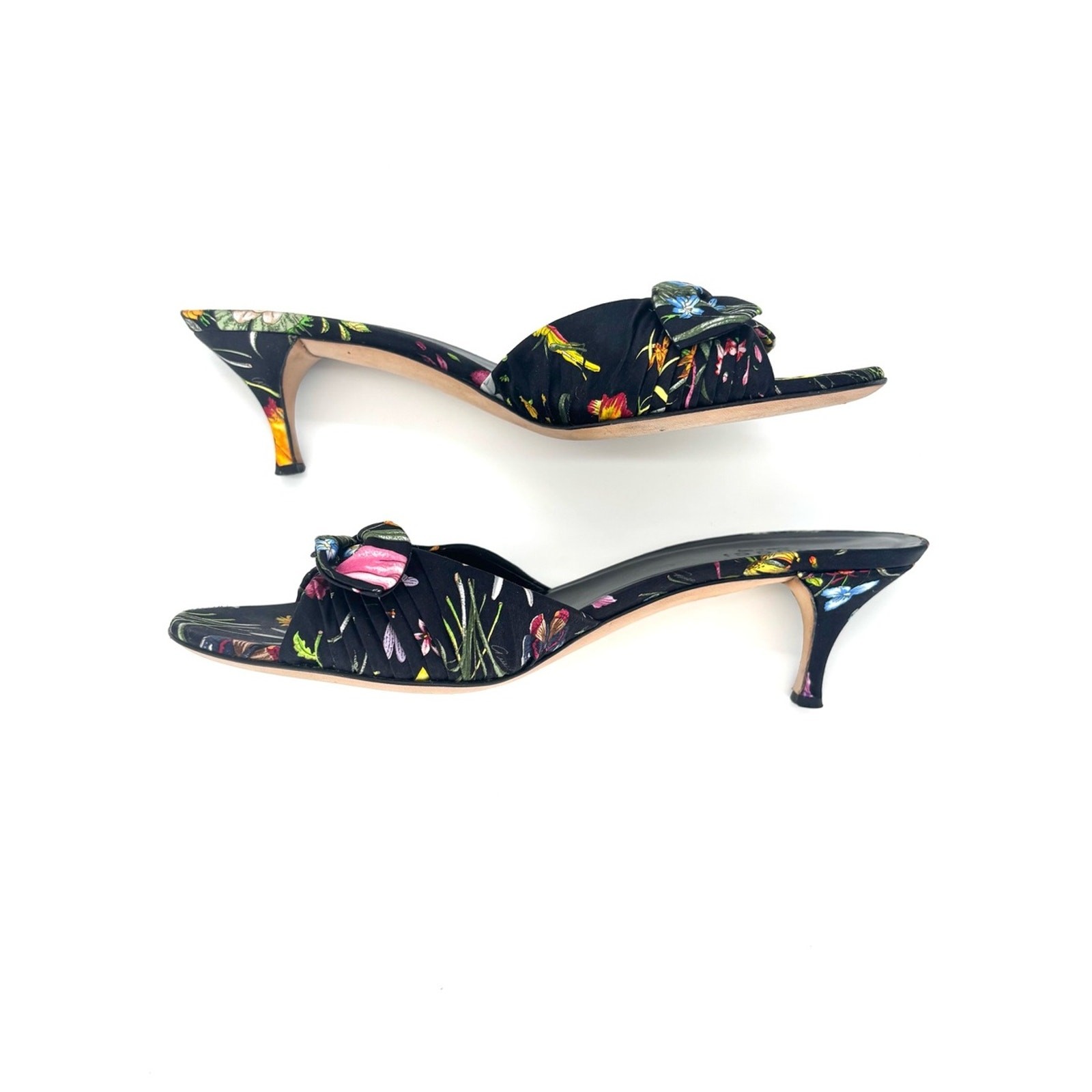 Vintage Gucci Flora Bow Slip On Kitten Heel Slip On Mules Sandals 7.5