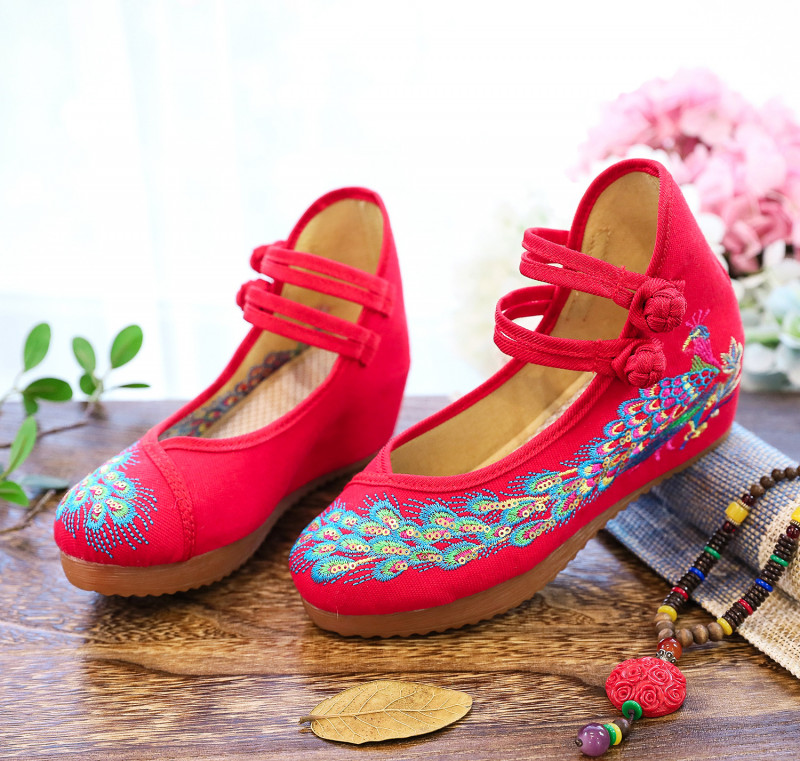 Fashion Women’s Peacock Blue Embroidered Cloth Shoes Hidden Heel Shoes Retro Sz
