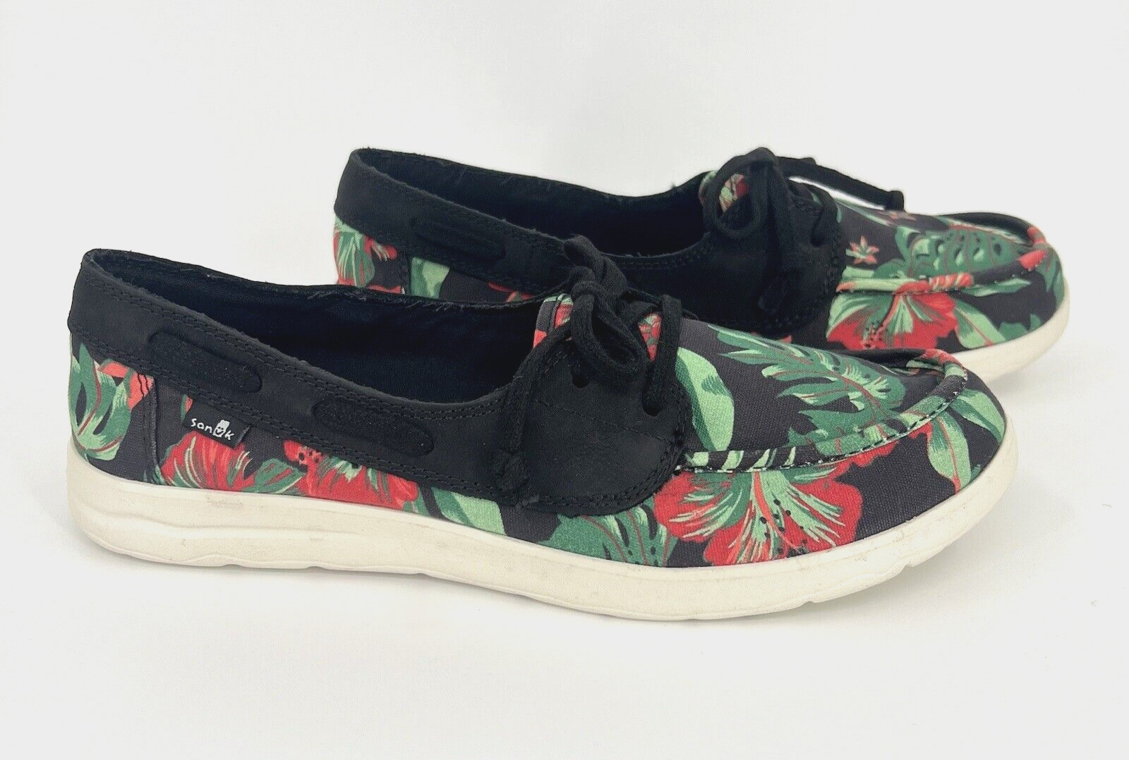 Sanuk Womens Size 9 40 Tropical Canvas Leather Floral Lace Up Boat Shoes Lite