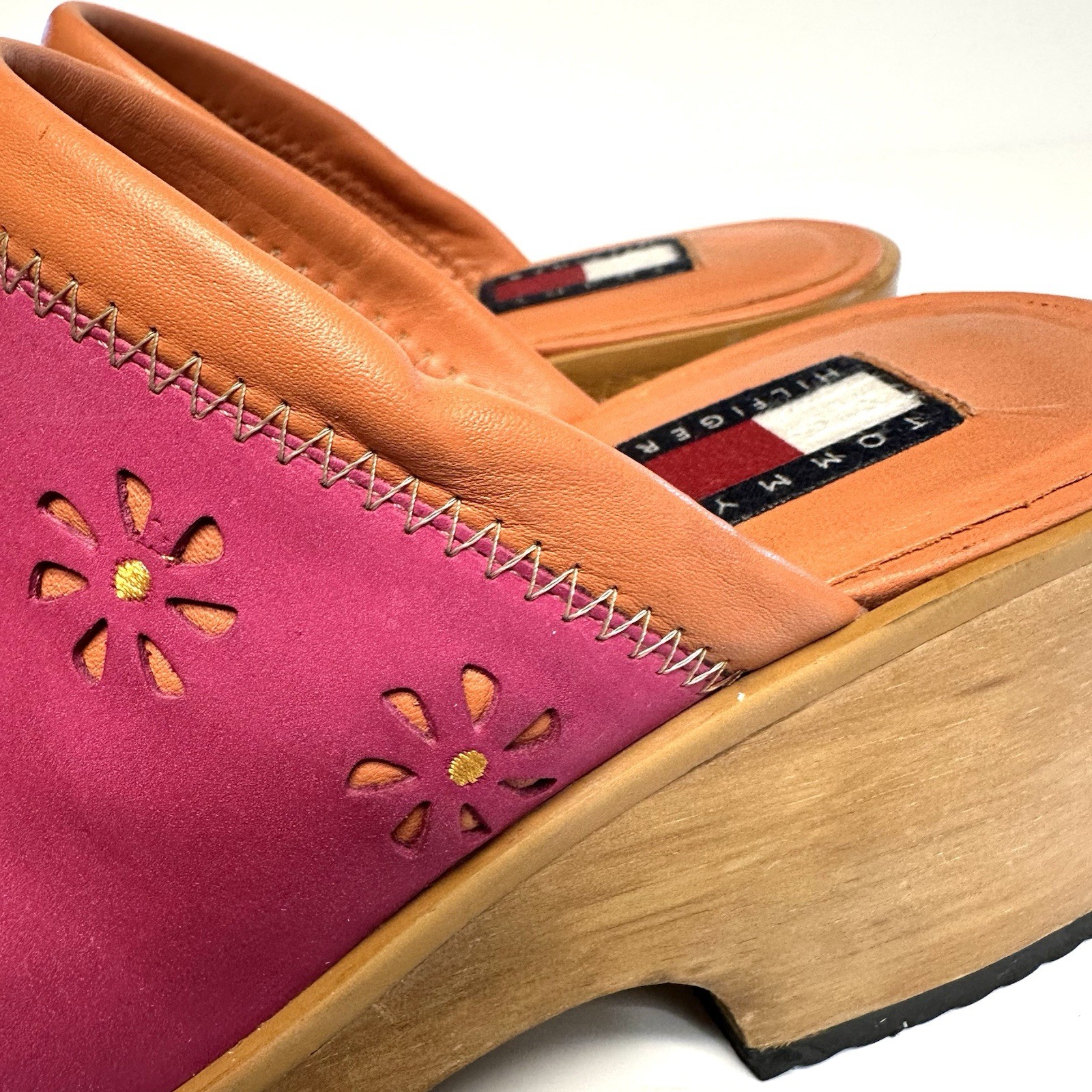 Vintage Tommy Hilfiger Y2K Hot Pink Leather Platform Clogs Mules Cutout Women 9