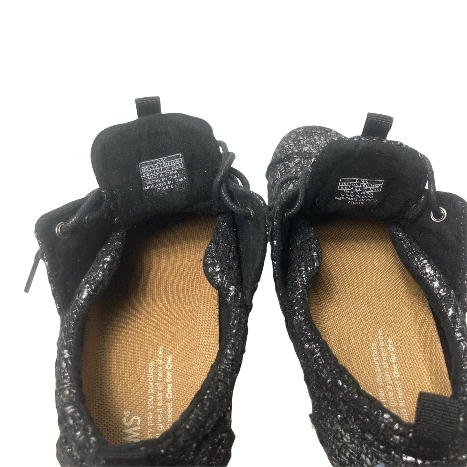 Toms Del Rey Women Size 6.5 EU 37 Textured Fabric Black Silver Lace Up Sneakers