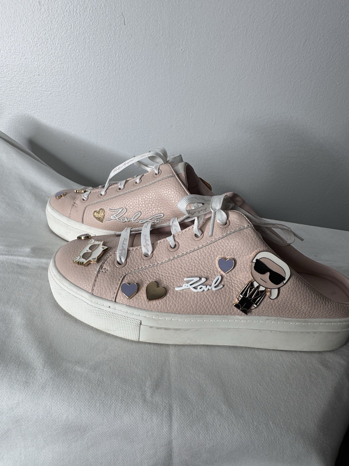 Women Karl LagerfeldCate Pins Charm Lace Up Open heel Sneak Pink Leather Shoe7,5