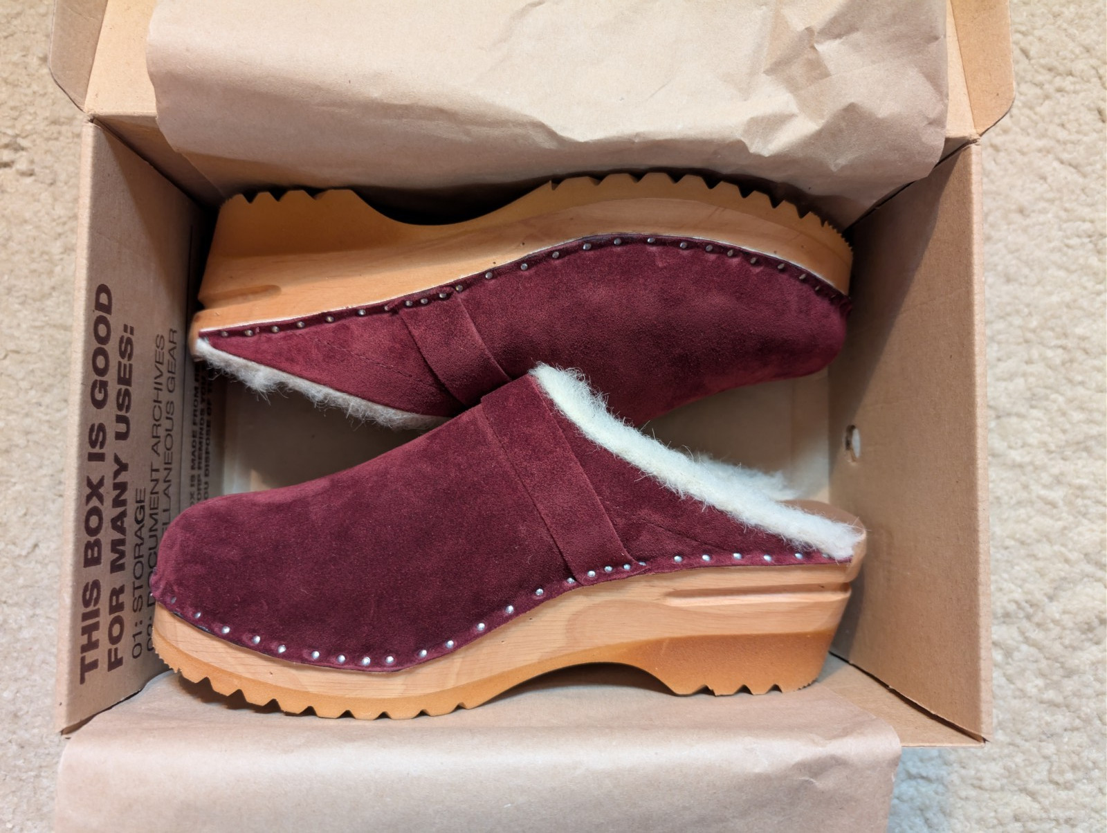 NEW Troentorp Munch Scarlet Red Fur Lined Swedish Leather Wood Clogs Womens 40 U