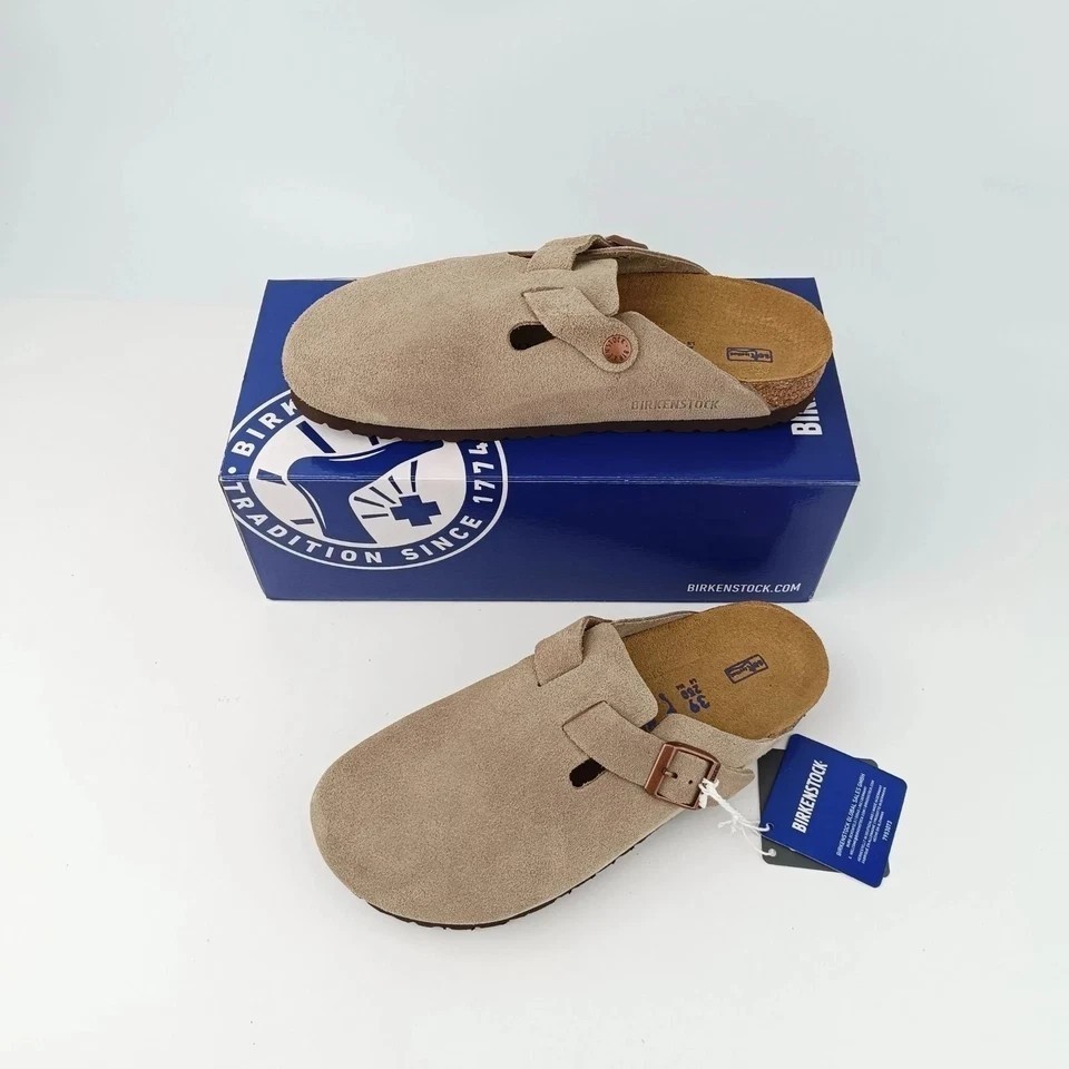 Birkenstock Boston Taupe Suede Leather Soft Footbed Unisex Clog Shoes