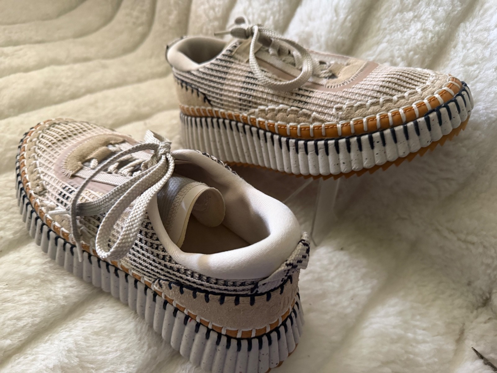 Chloé Nama Whipstitch Platform Sneakers SIZE 9 (39EU) Beige/Brown/ White/Black