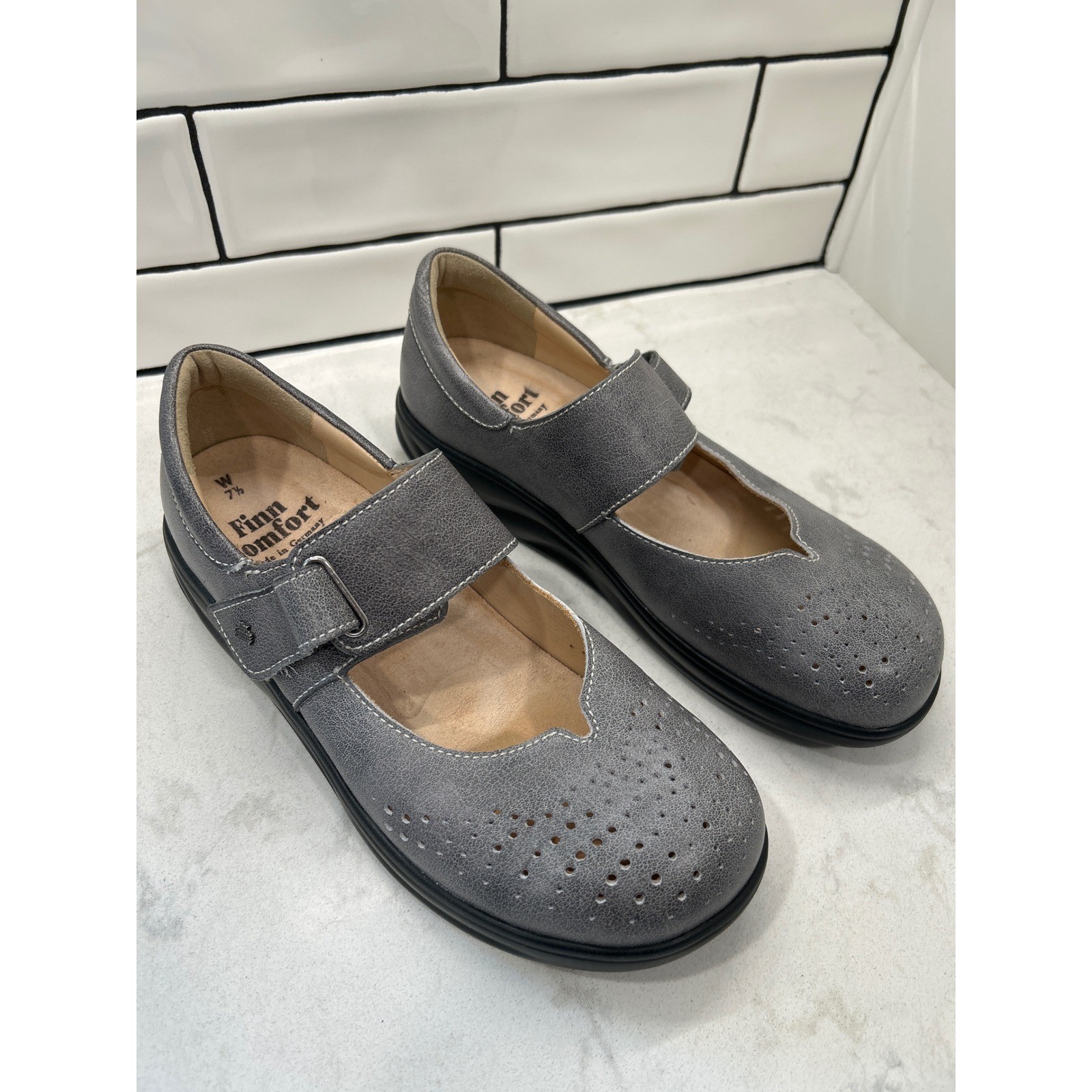 Finn Comfort Womens Grey Leather Mary Jane Shoes Orthopaedic Made in Germany 7.5