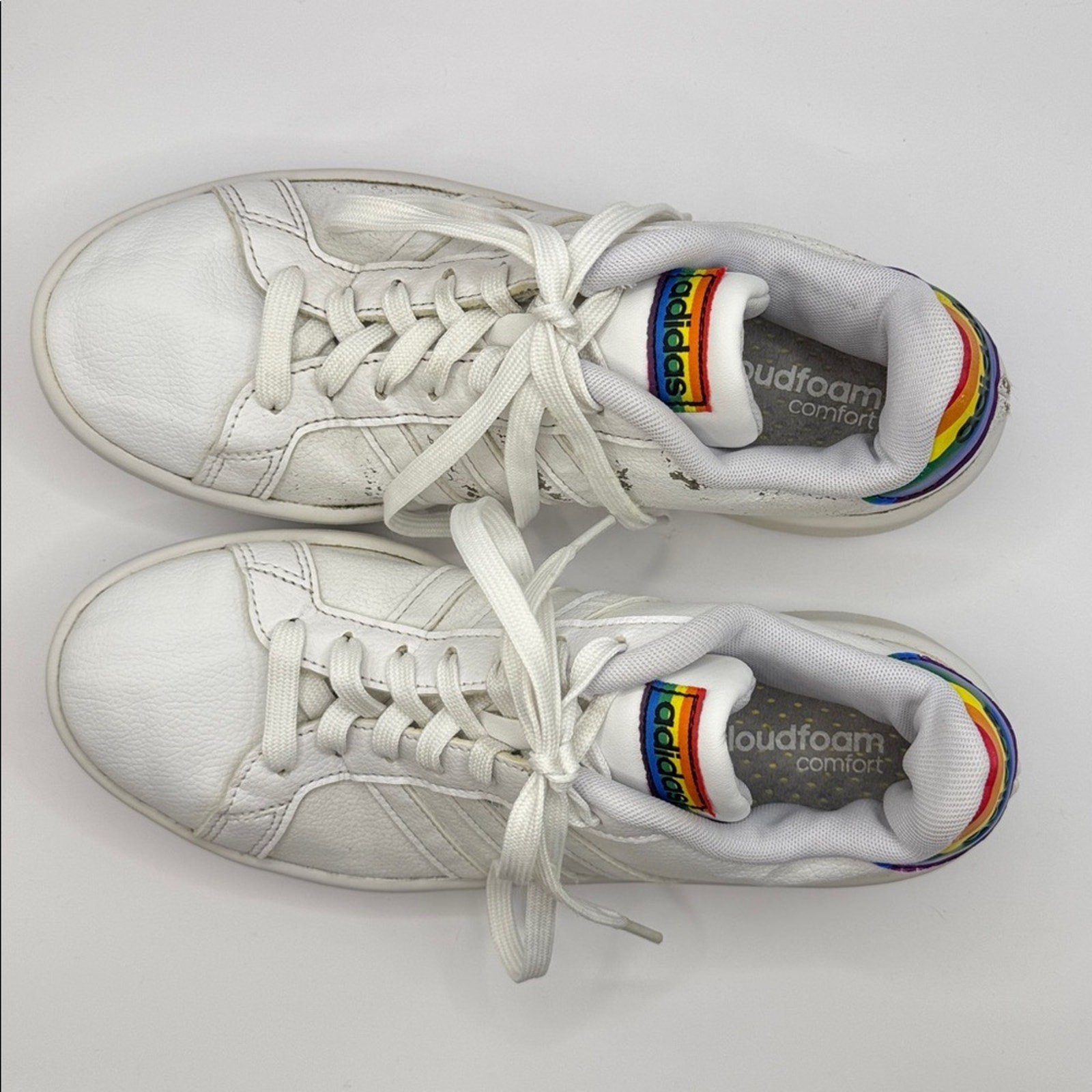 Adidas Grand Court Pride Sneakers White Rainbow Heel Women’s Size 7.5 Cloudfoam
