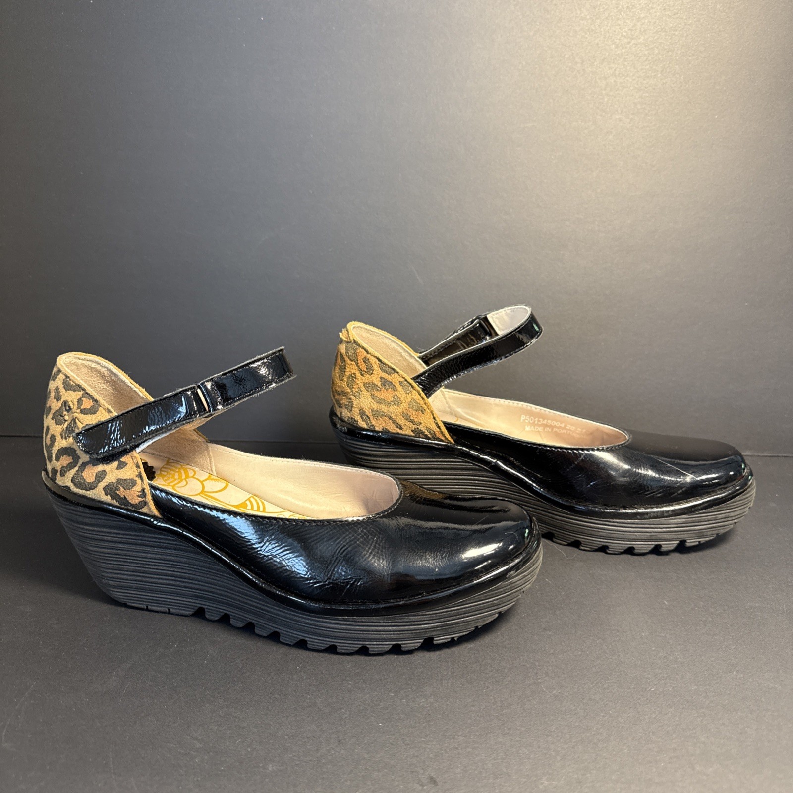 Fly London Leather Women’s Wedge Black Patent Leopard Suede Heel Size 38 US 8