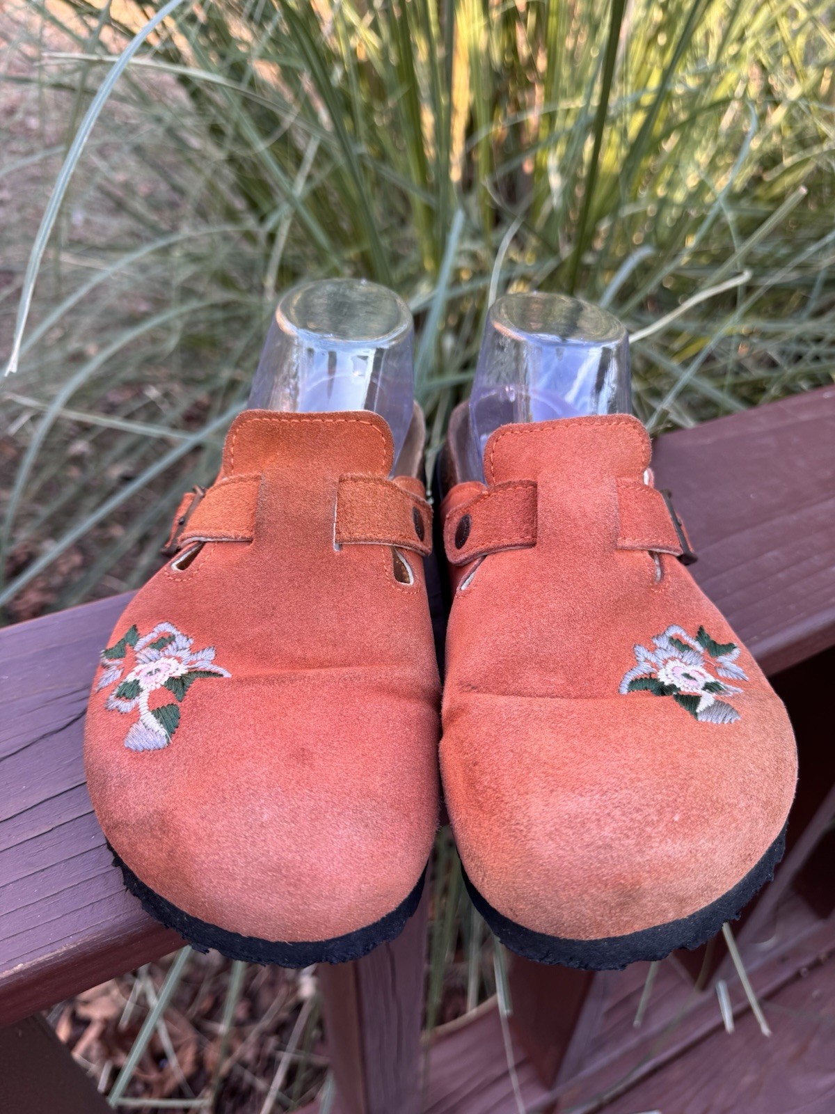 Betula Birkenstock Orange Floral Suede Closed Toe Slip On Clogs Mules Sz 8 N