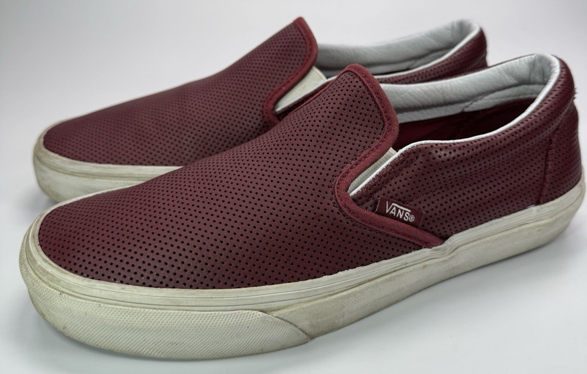 Vans Classic Slip On Perforated Leather Burgundy Red Womens Casual Shoes Size 8
