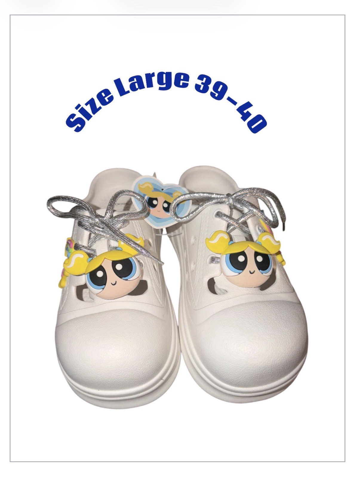 White Women’s Slip-On Clogs with Bubbles of Powerpuff Girls Size Large 39-40