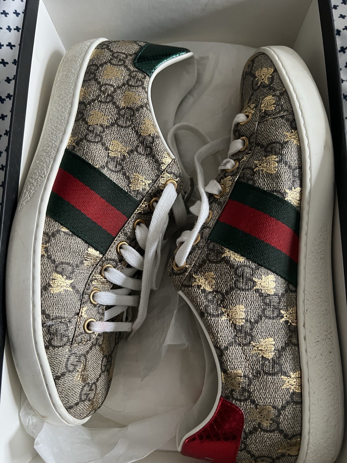 Gucci Auth Women 8.5 US 38.5 EU White Leather Ace Gold Bees Sneakers Shoes