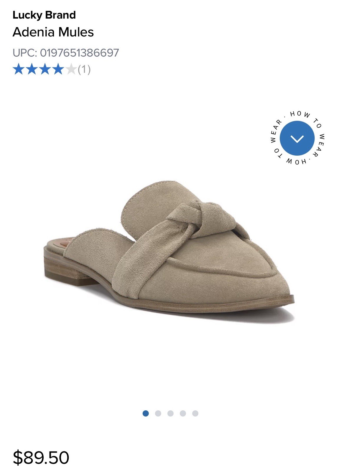 Lucky Brand Adenia Mule Flats Womens 8M Beige Suede Pointed Toe Knot Slip On
