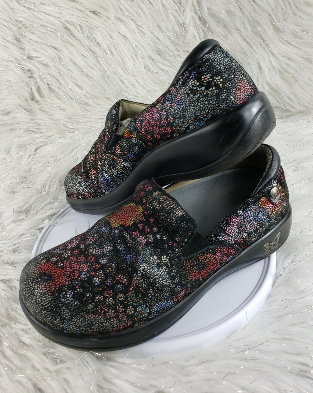 ALEGRIA PG Lite Black Leather Multicolor Flowers Slip On Comfort Size 36 KEL-323