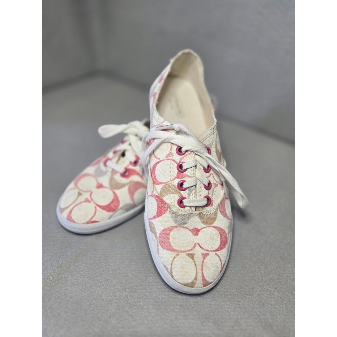 Coach Klare Signature Canvas Sneakers Pink White Lace Up Shoes Women’s 9B